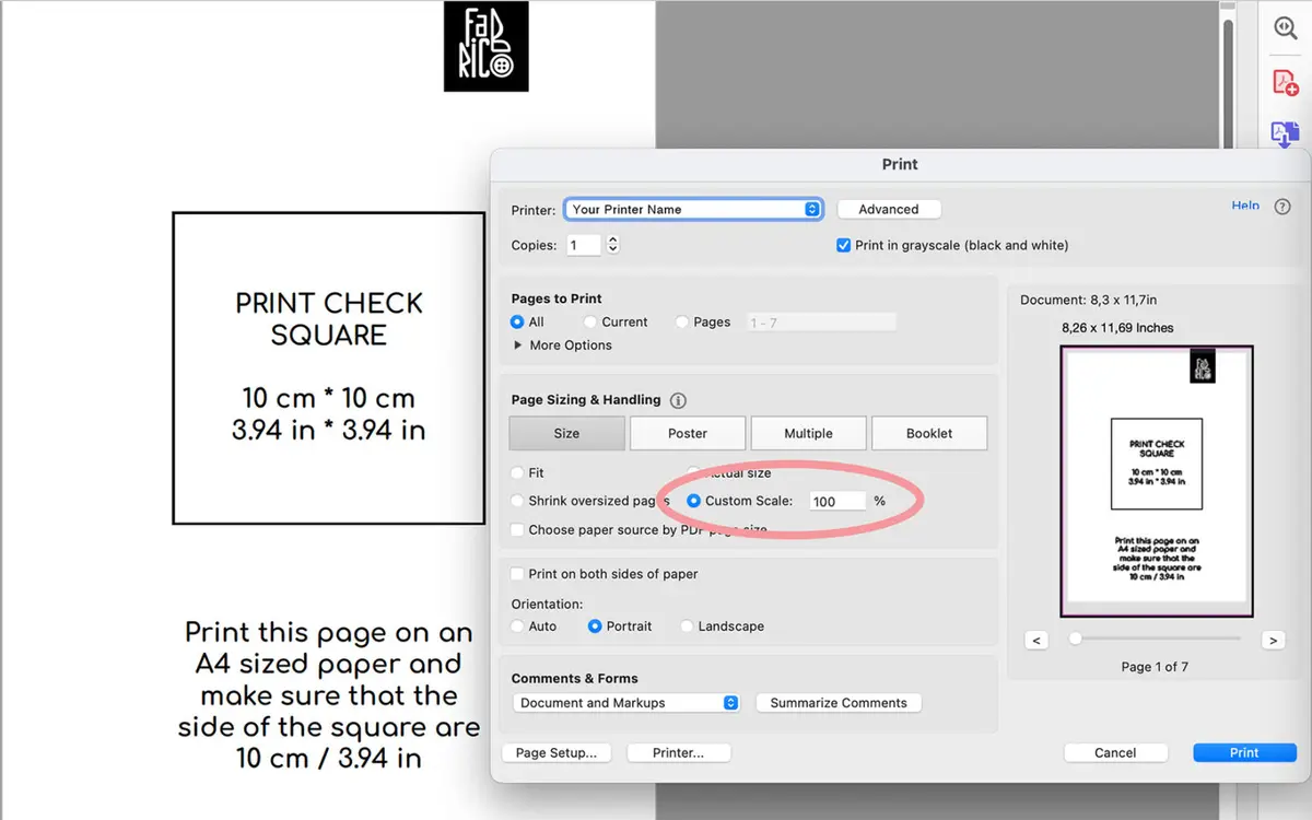 Example of A4 print settings for Fabrico patterns