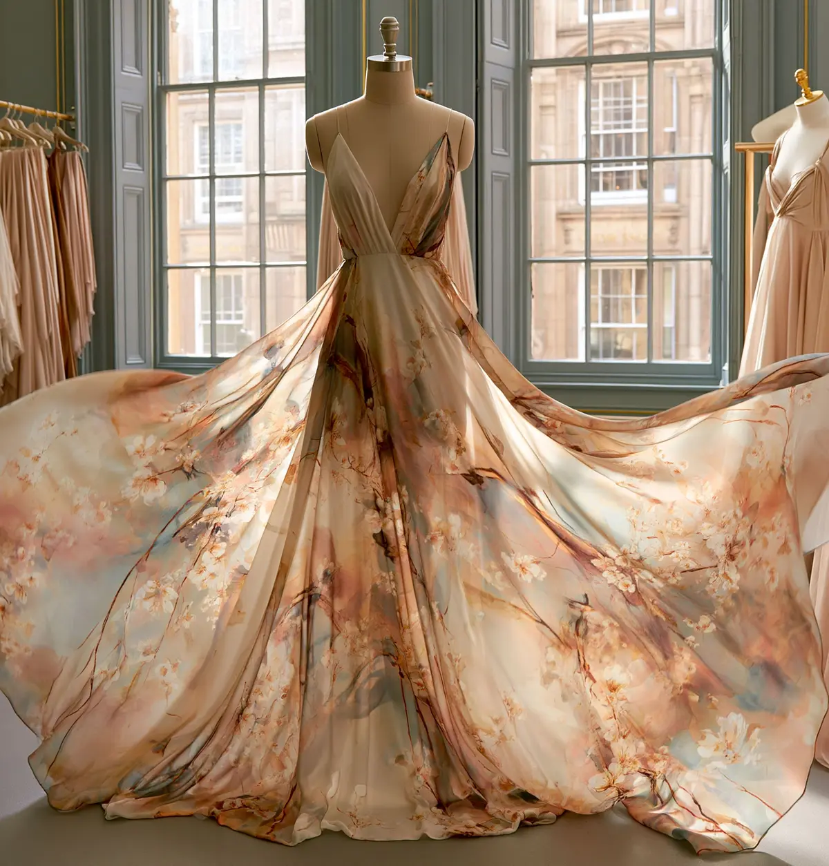 A finished summer dress in printed viscose — the drape, the colour, the fluid movement