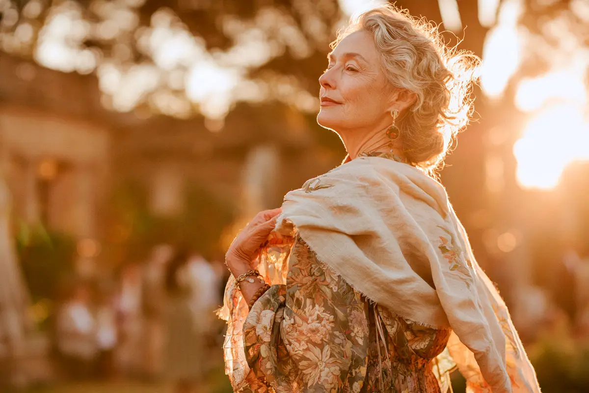 A summer outdoor event outfit — midi dress with a lightweight wrap for the evening