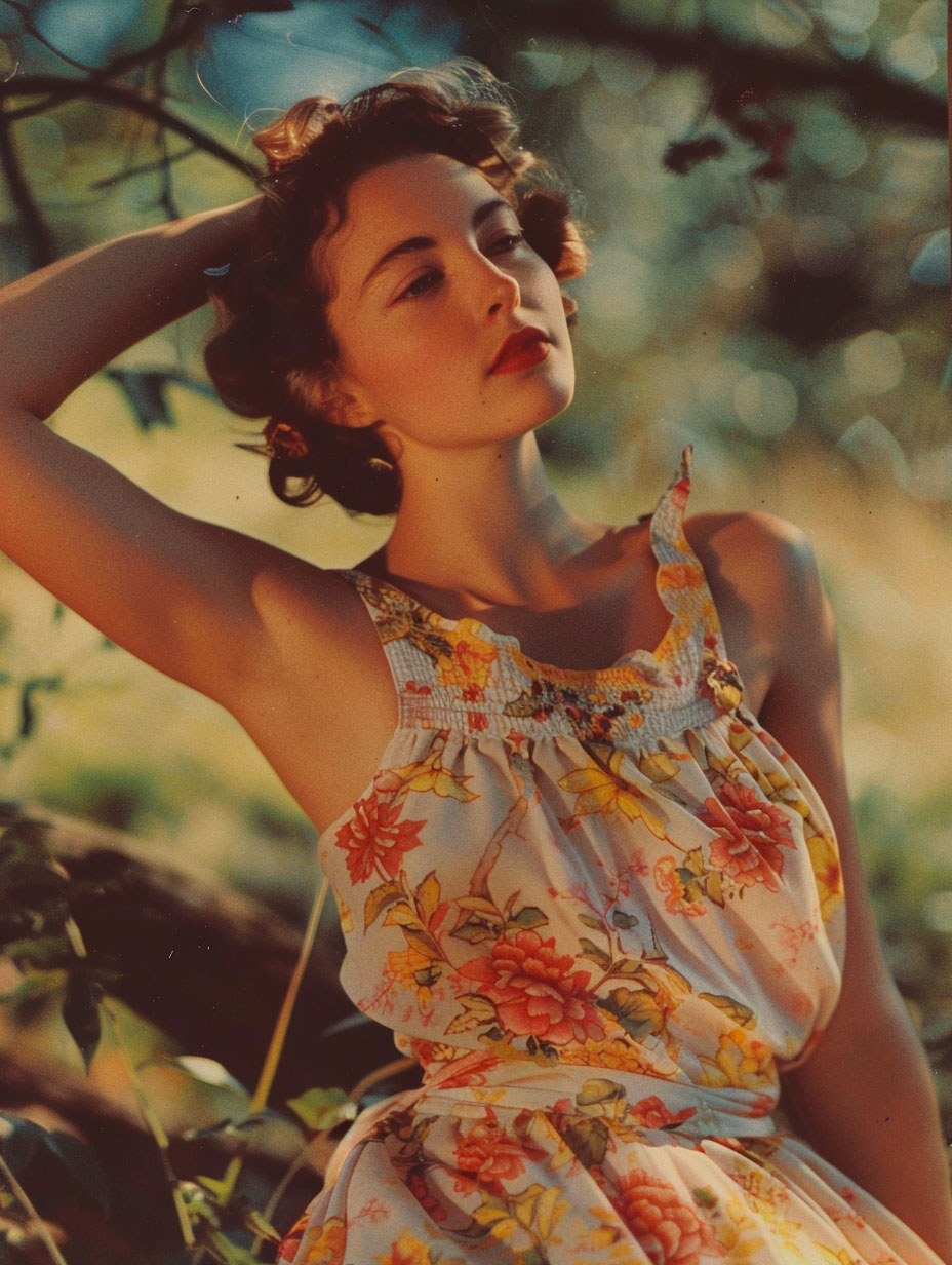 1940s sundress in the Carolyn Schnurer tradition — lightweight, comfortable, and worn without elaborate understructure