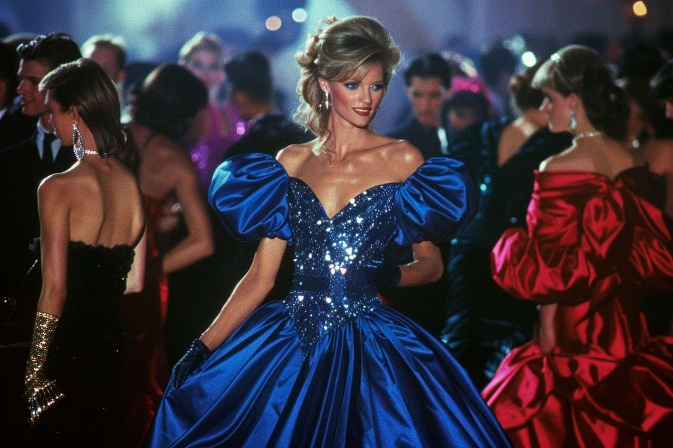 1980s party dress — power shoulders and sequins