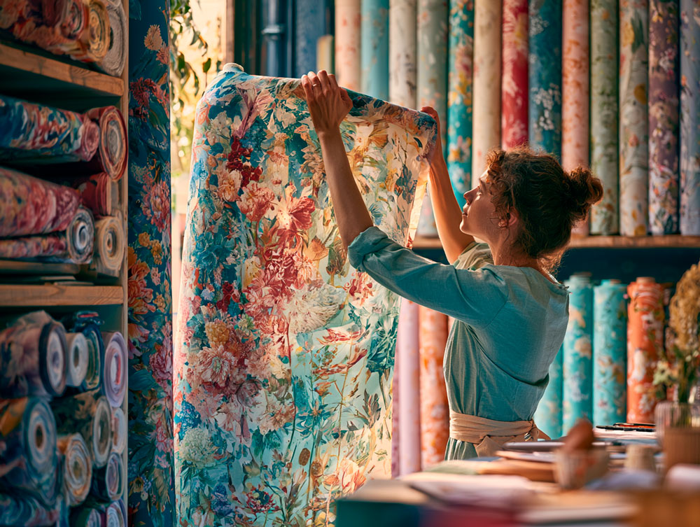 Choosing a print at the fabric shop — hold it at arm's length to read it as the body will
