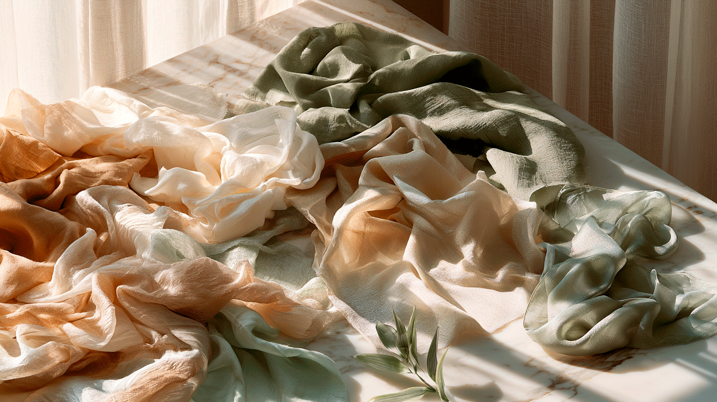 Summer fabrics — lightweight natural linens and cotton on a marble surface in warm sunlight