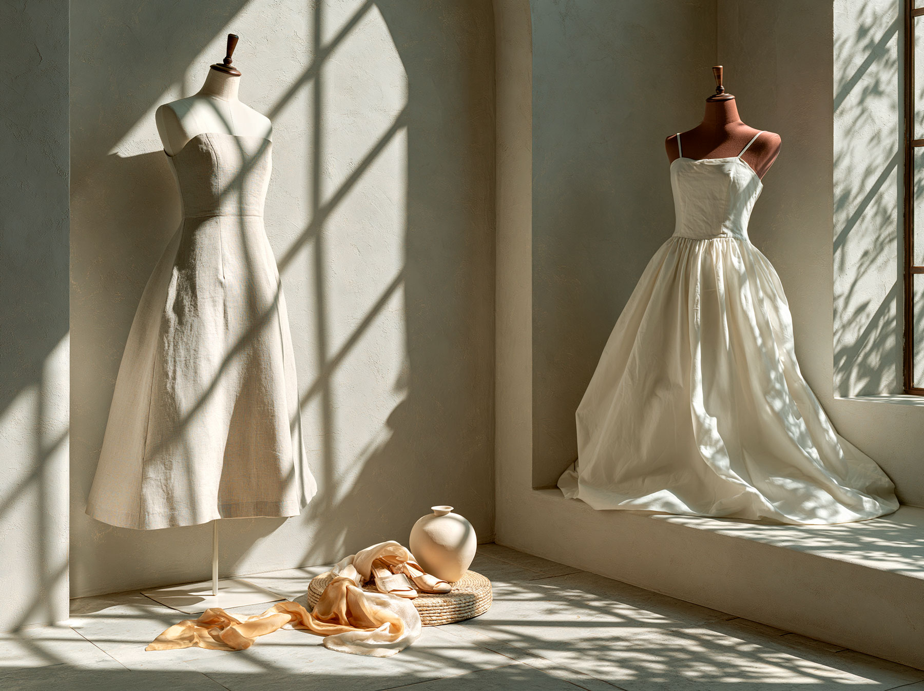 A linen dress and a cotton dress — finished garments side by side