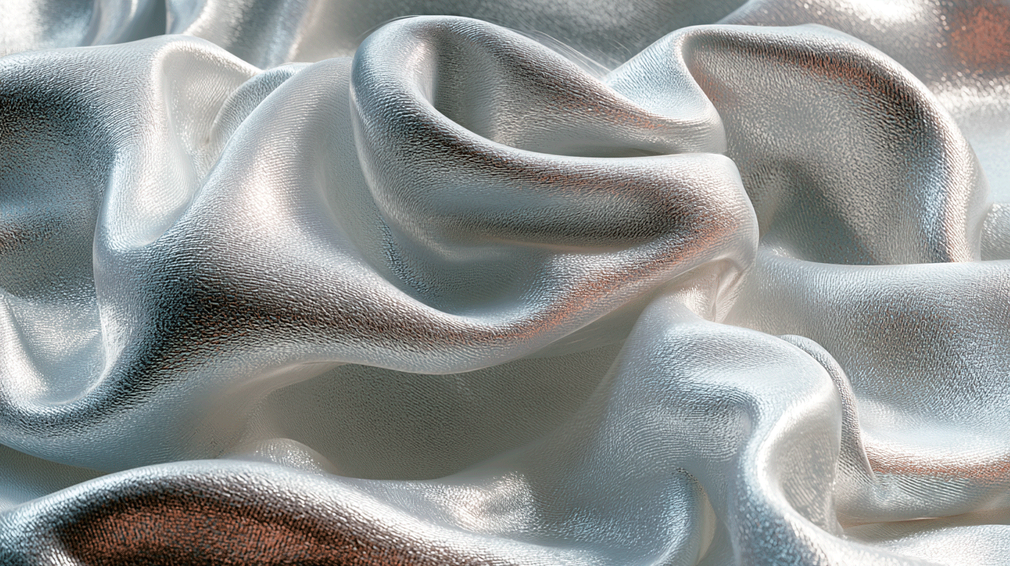 Synthetic fabric close-up — shiny polyester satin with a cold metallic surface