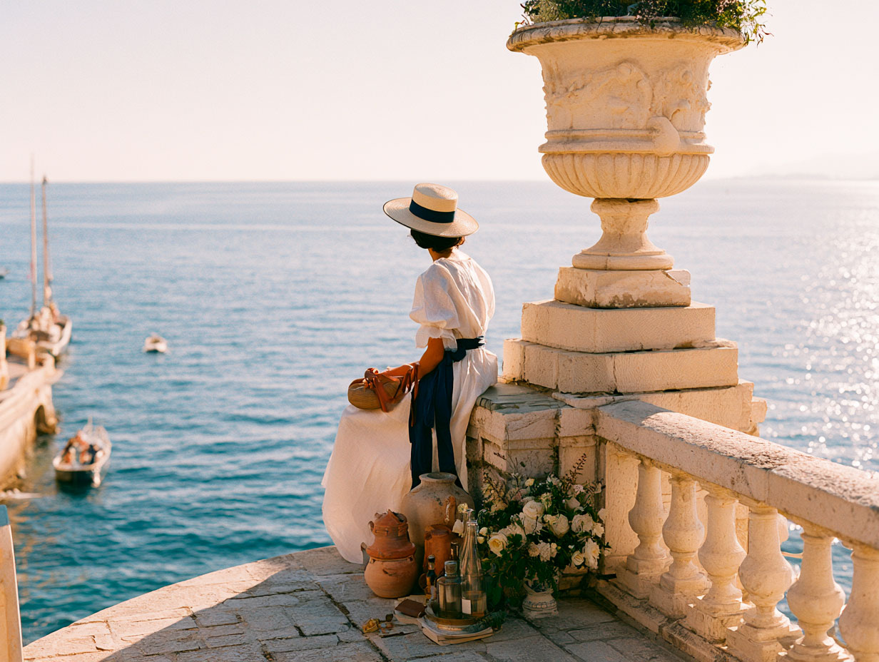 The navy-white-linen palette in practice — the formula that's been correct for a century