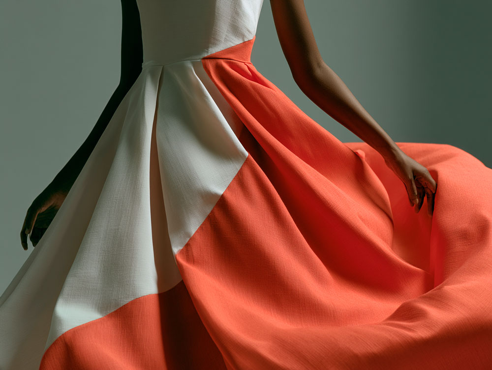 A colour-blocked dress — two solid fabrics joined by a clean seam line