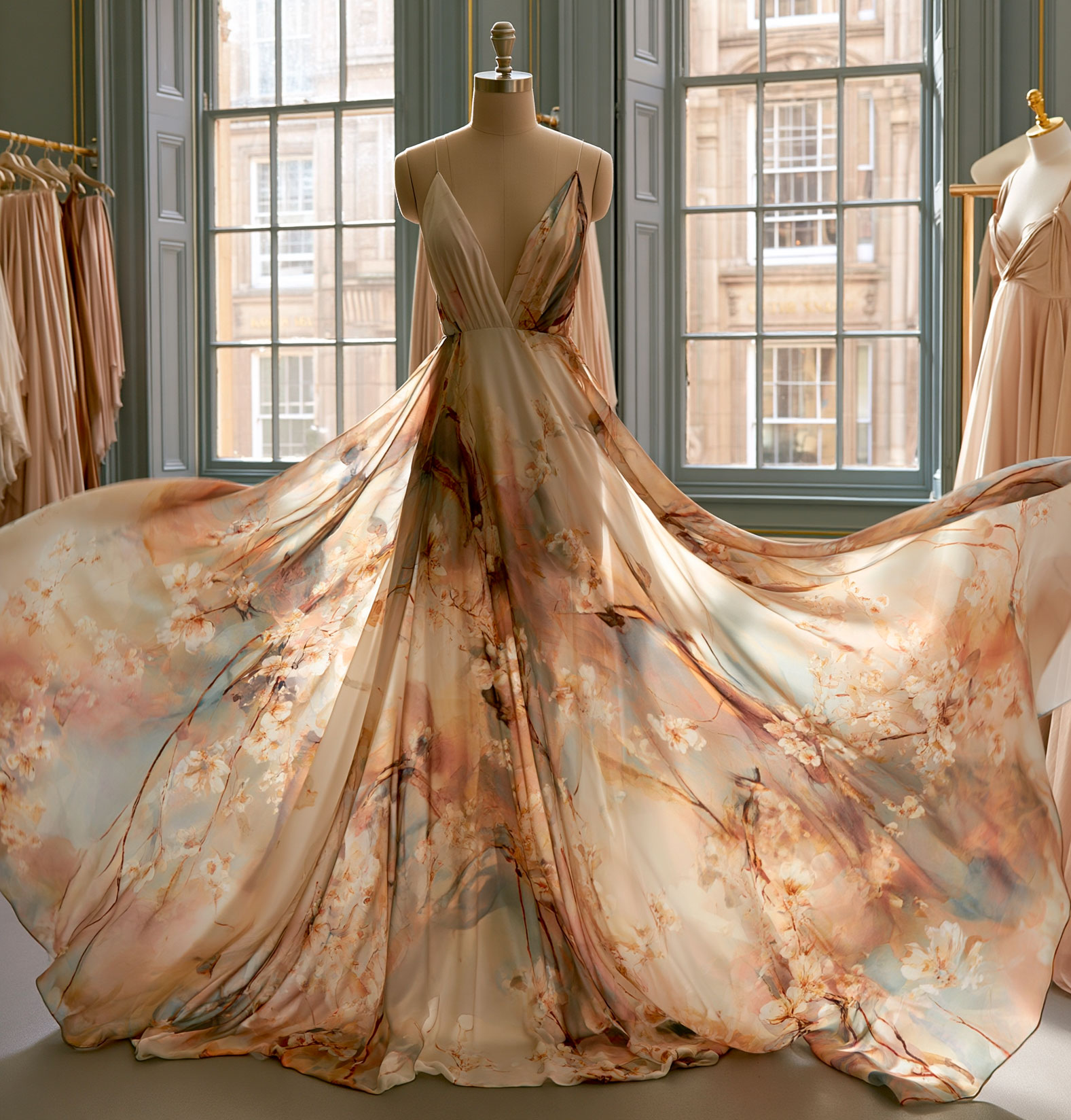 A finished summer dress in printed viscose — the drape, the colour, the fluid movement