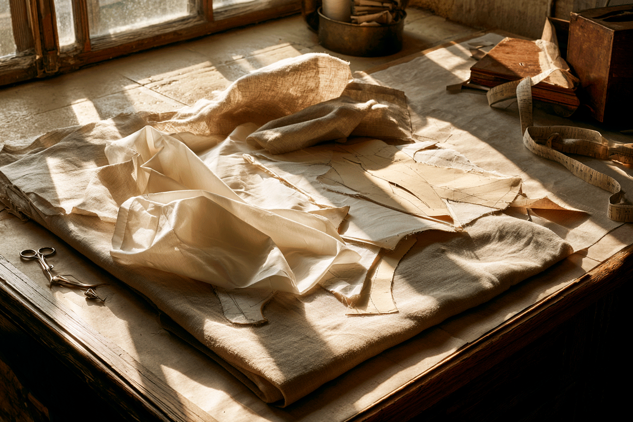 Pre-washed and pressed fabric ready for cutting — laid flat on a cutting table with pattern pieces