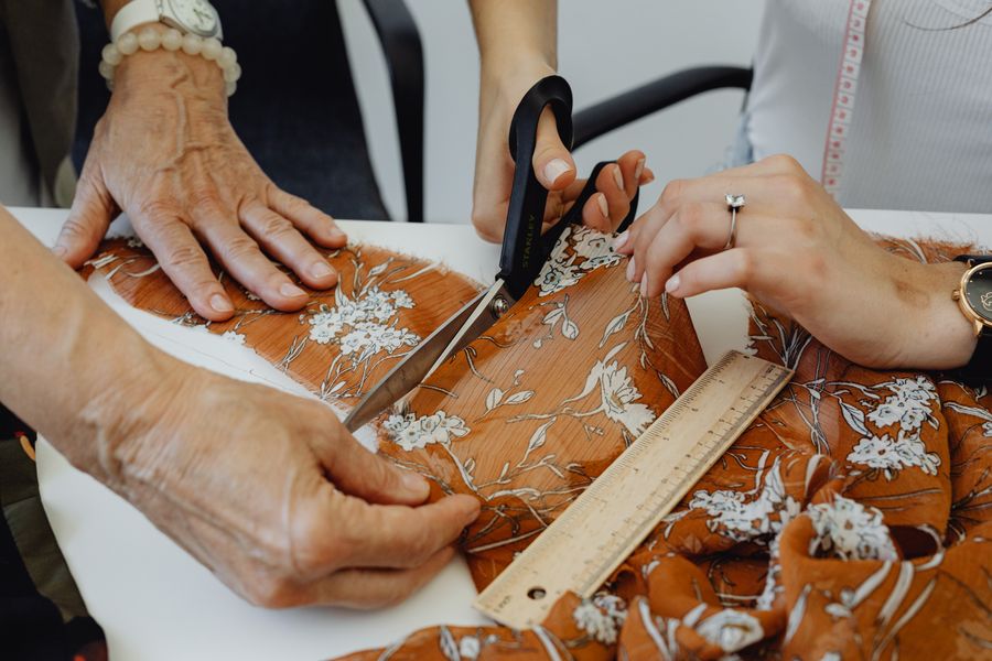 Cutting fabric to a pattern with a ruler