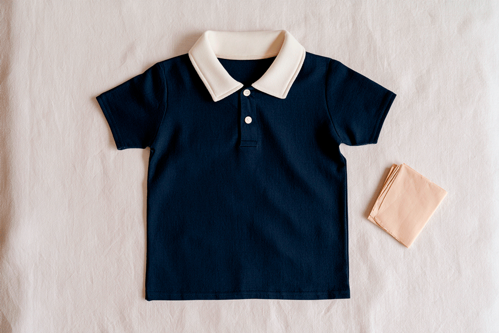A finished boy's polo shirt in navy and white — home-sewn from the Yale pattern